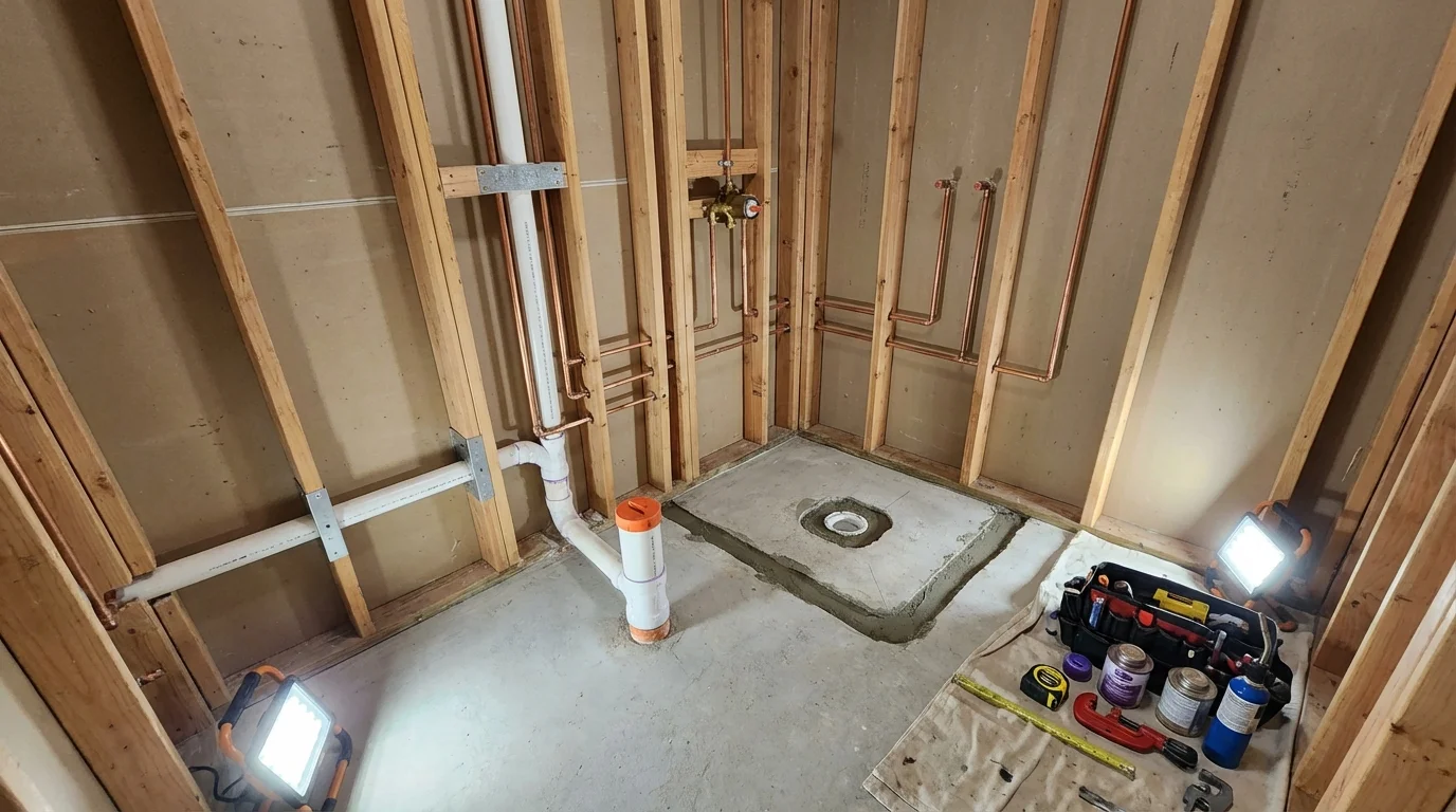 Bathroom rough-in plumbing during remodel by Johns Plumbing LLC in Hampton