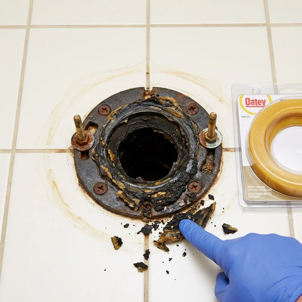 Failed wax ring showing water seepage at the base of a toilet in a Hampton, SC home