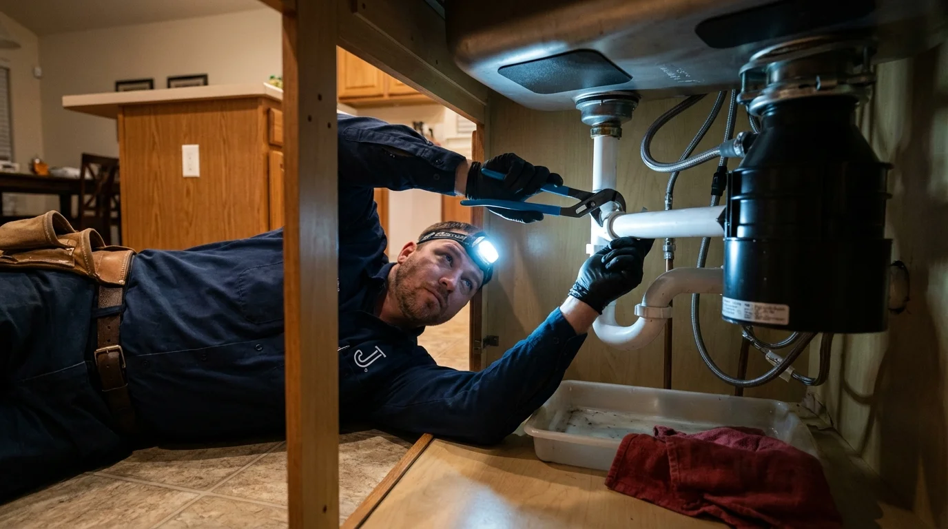 P-trap and supply line connections under a kitchen sink showing a common leak point in Hampton, SC